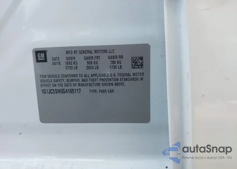 2016 Chevrolet Sonic Lt Auto из США, поврежденный, VIN 1G1JC5SH0G4165117